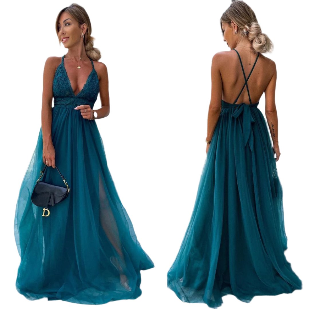 Mesh Deep V Dress Long Dress