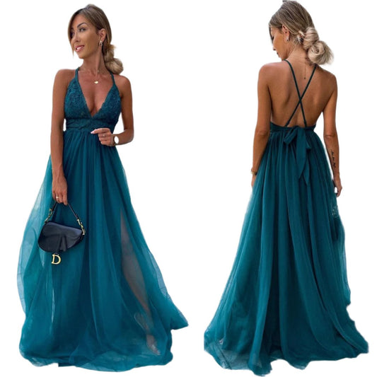 Mesh Deep V Dress Long Dress