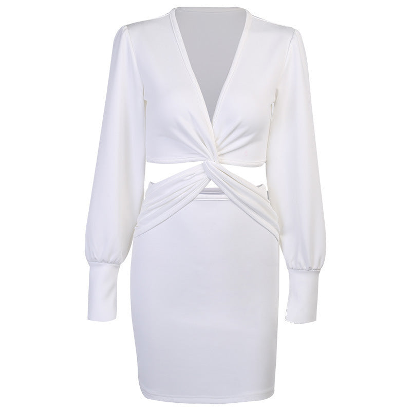 New Autumn Long Sleeve Slim Dress Sexy Collar Puff Sleeve Set Dress
