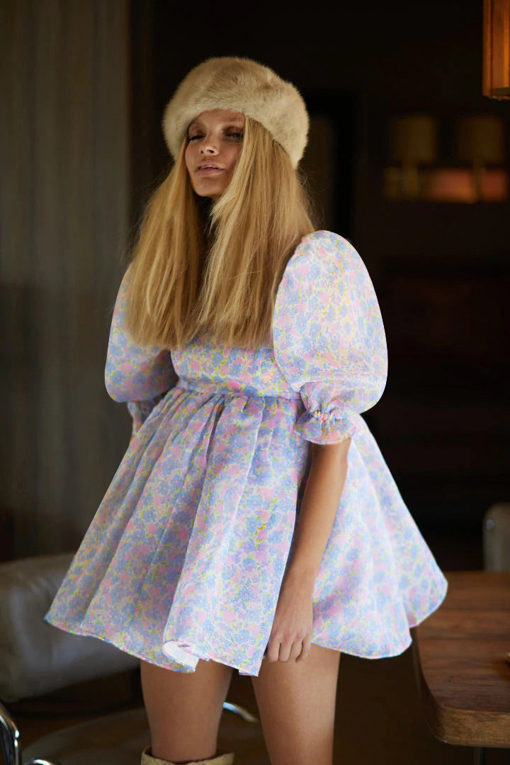 New Women's Printed French Square Neck Bubble