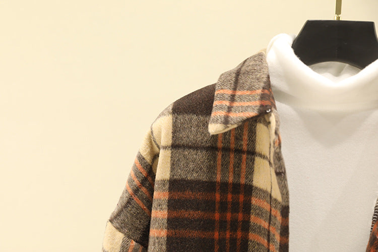 Japanese Woolen Cardigan Coat Fleece Plaid Shirt Women