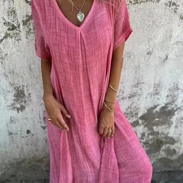 Women's Fashion Temperament Cotton Linen V-neck Semi-formal Dress