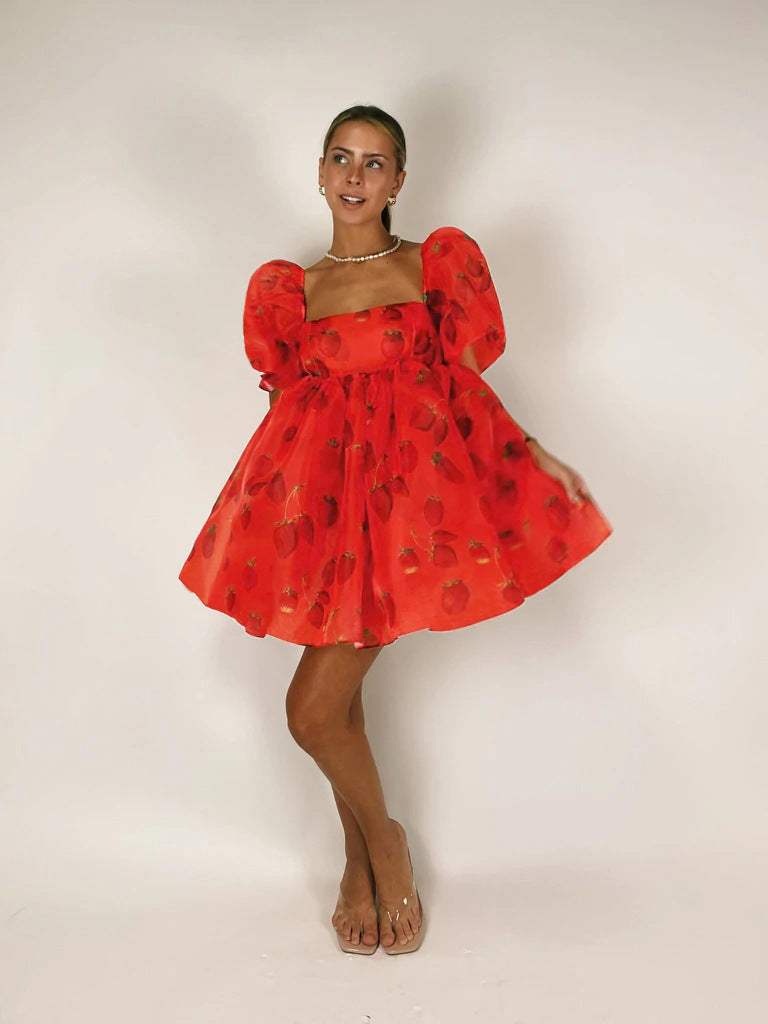 New Women's Printed French Square Neck Bubble