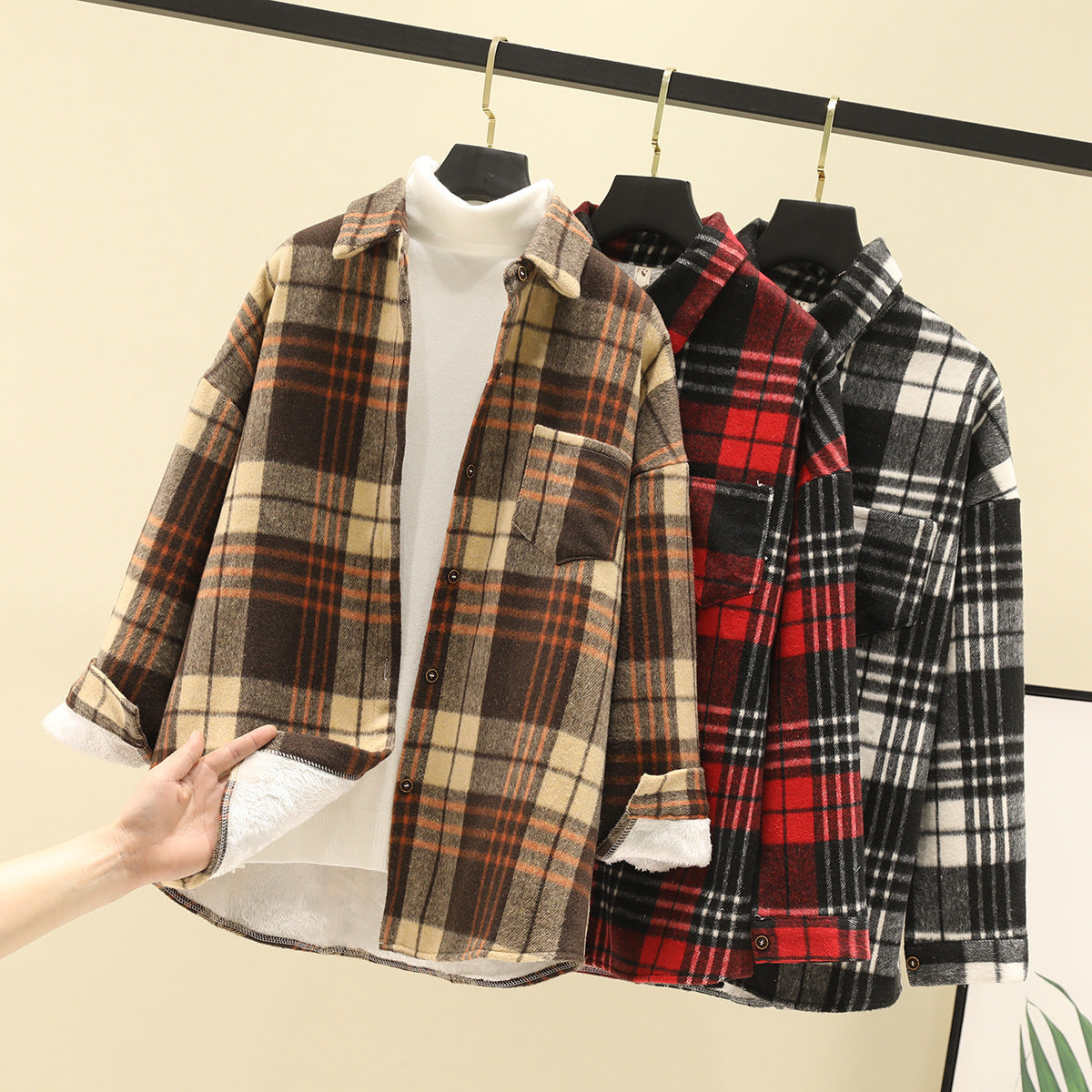 Japanese Woolen Cardigan Coat Fleece Plaid Shirt Women