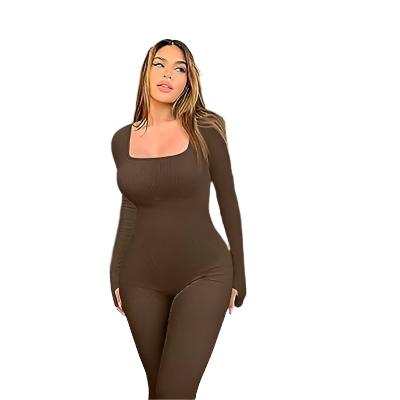 Women's Yoga Sports Fitness Jumpsuit Workout Long Sleeve Square Collar Clothing