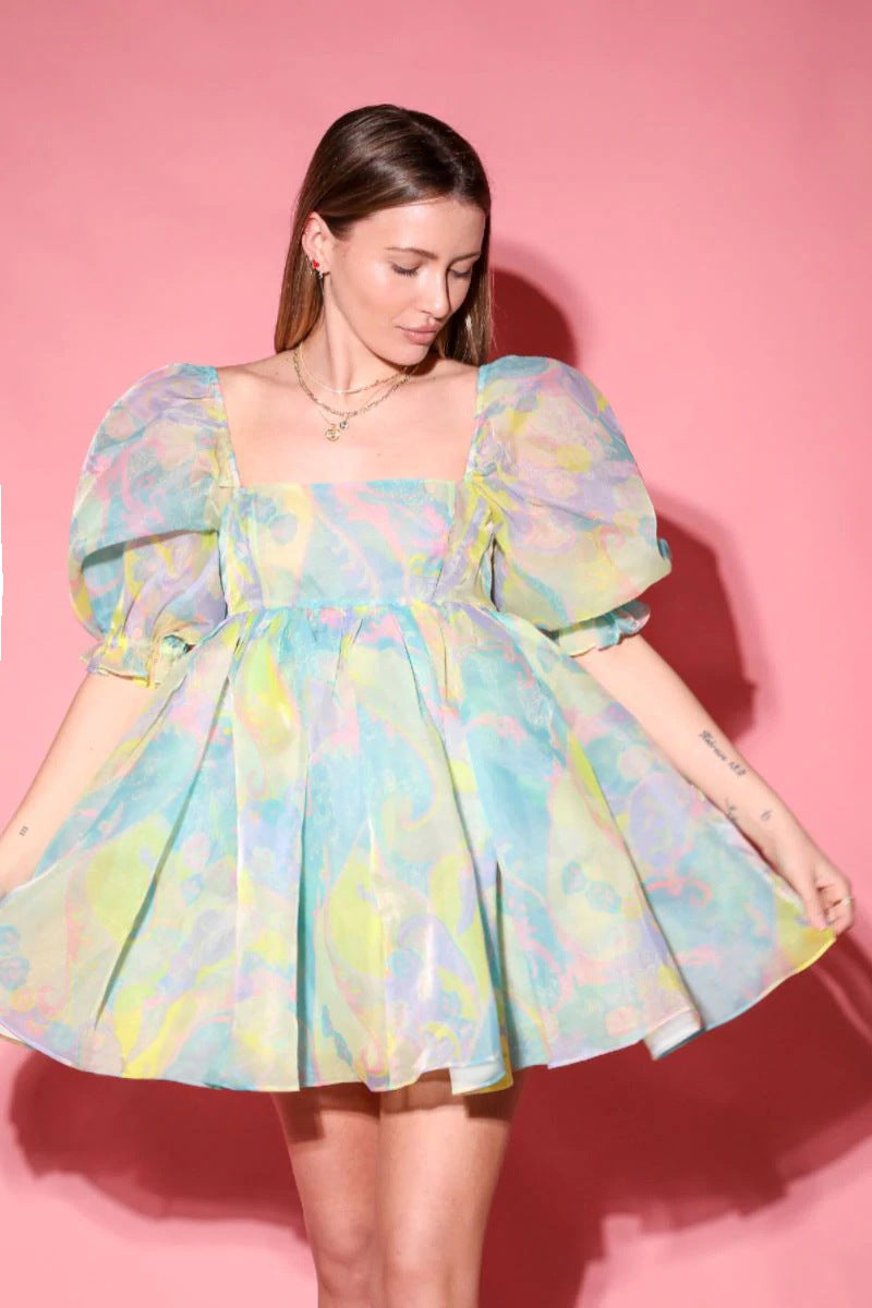 New Women's Printed French Square Neck Bubble