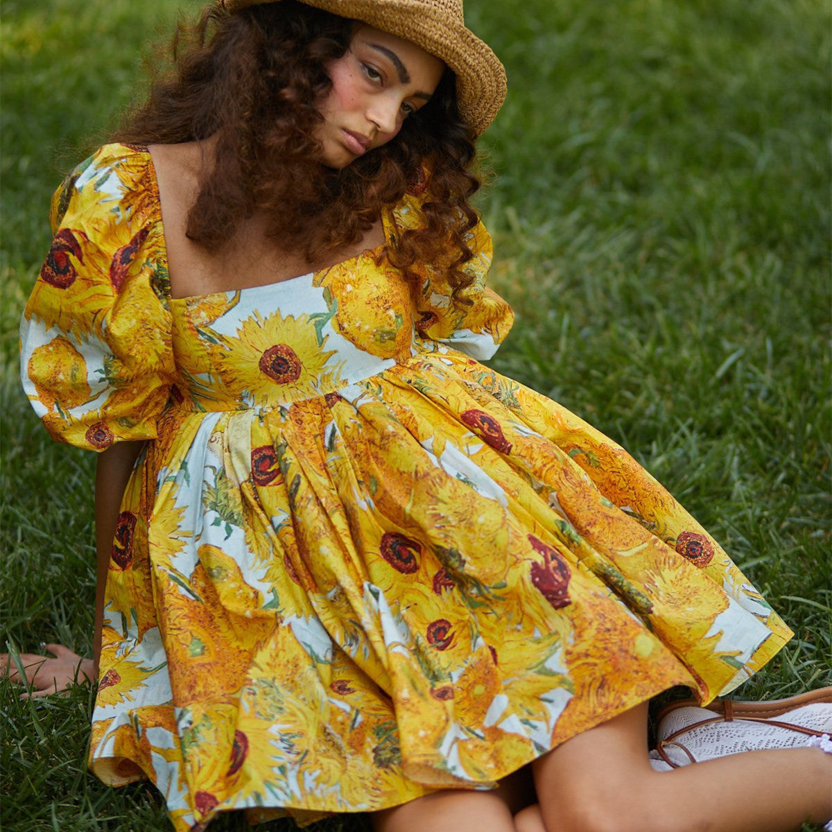 New Women's Printed French Square Neck Bubble