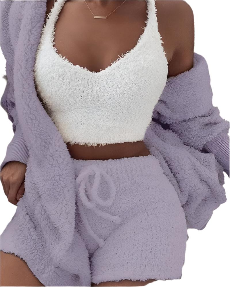 3pcs Womens Clothing Long Sleeve Crop Tank Top And Drawstring Shorts Pajama Set