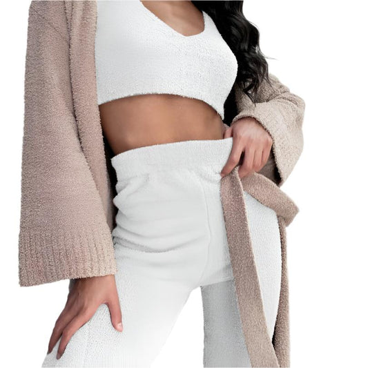 3pcs Womens Clothing Long Sleeve Crop Tank Top And Drawstring Shorts Pajama Set
