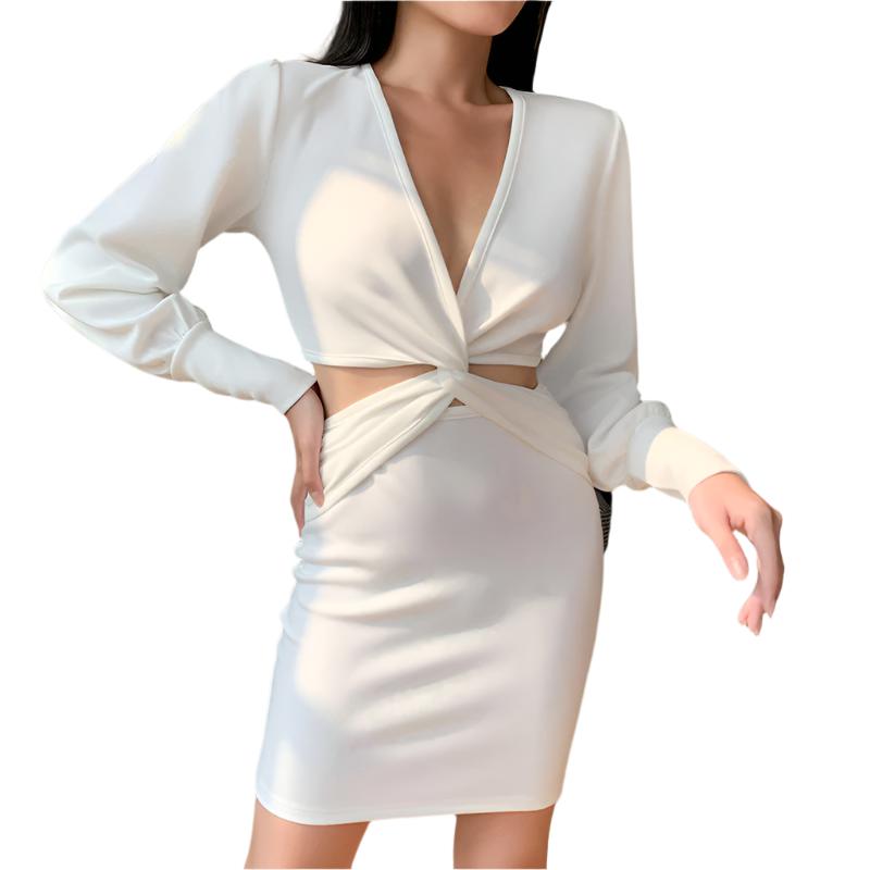 New Autumn Long Sleeve Slim Dress Sexy Collar Puff Sleeve Set Dress