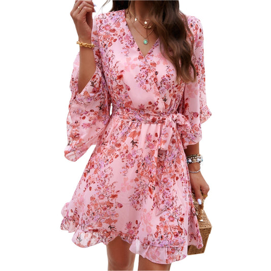 Summer Floral Print Fashion V-neck Short Dresses Women's