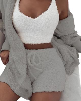 3pcs Womens Clothing Long Sleeve Crop Tank Top And Drawstring Shorts Pajama Set