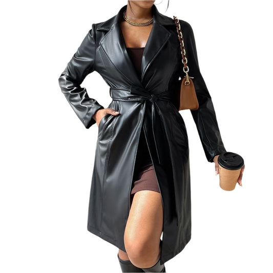 Long Sleeve Lapel PU Leather Jacket With Pockets Slim Fit Long Trench Coat Women's Clothing