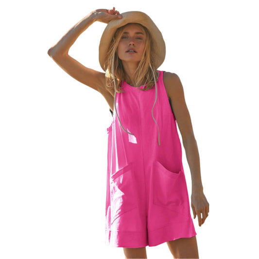 Solid Color Loose Jumpsuit With Pockets Fashion Summer Straight Cargo Shorts Overall Pants Beach Womens Clothing