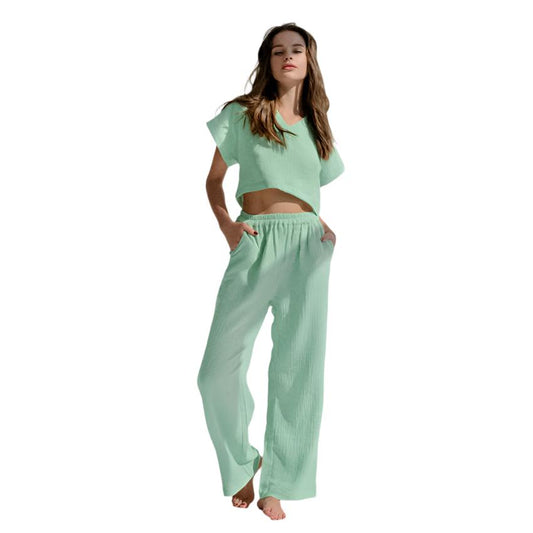 Women V-neck Trousers Cotton Linen Pajamas
