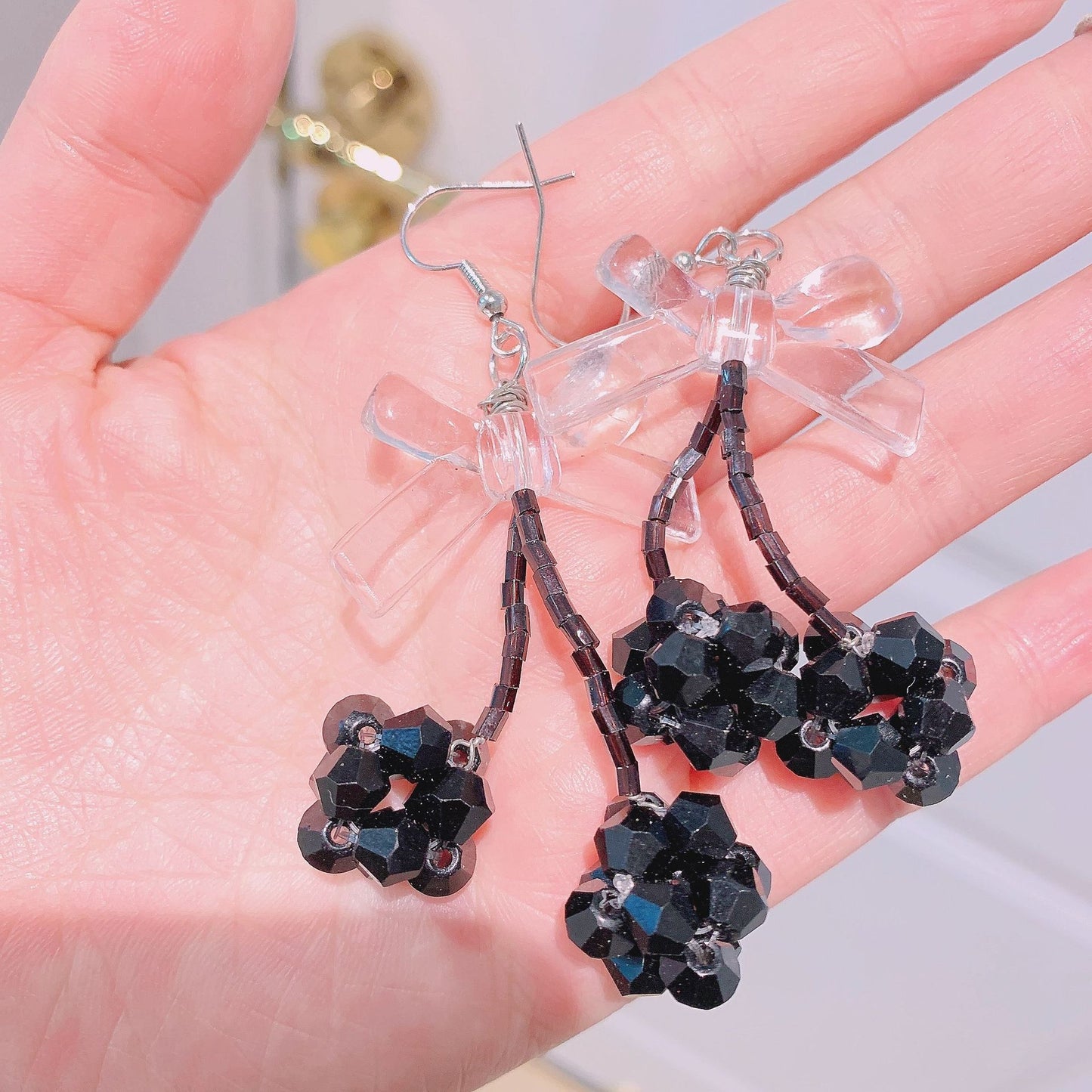 Clear Crystal Beaded Cherry Earrings Square Diamonds